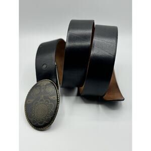 Allison Daniel Designs Black Smooth Leather Oval Boho Buckle Belt Sz XL 42-44